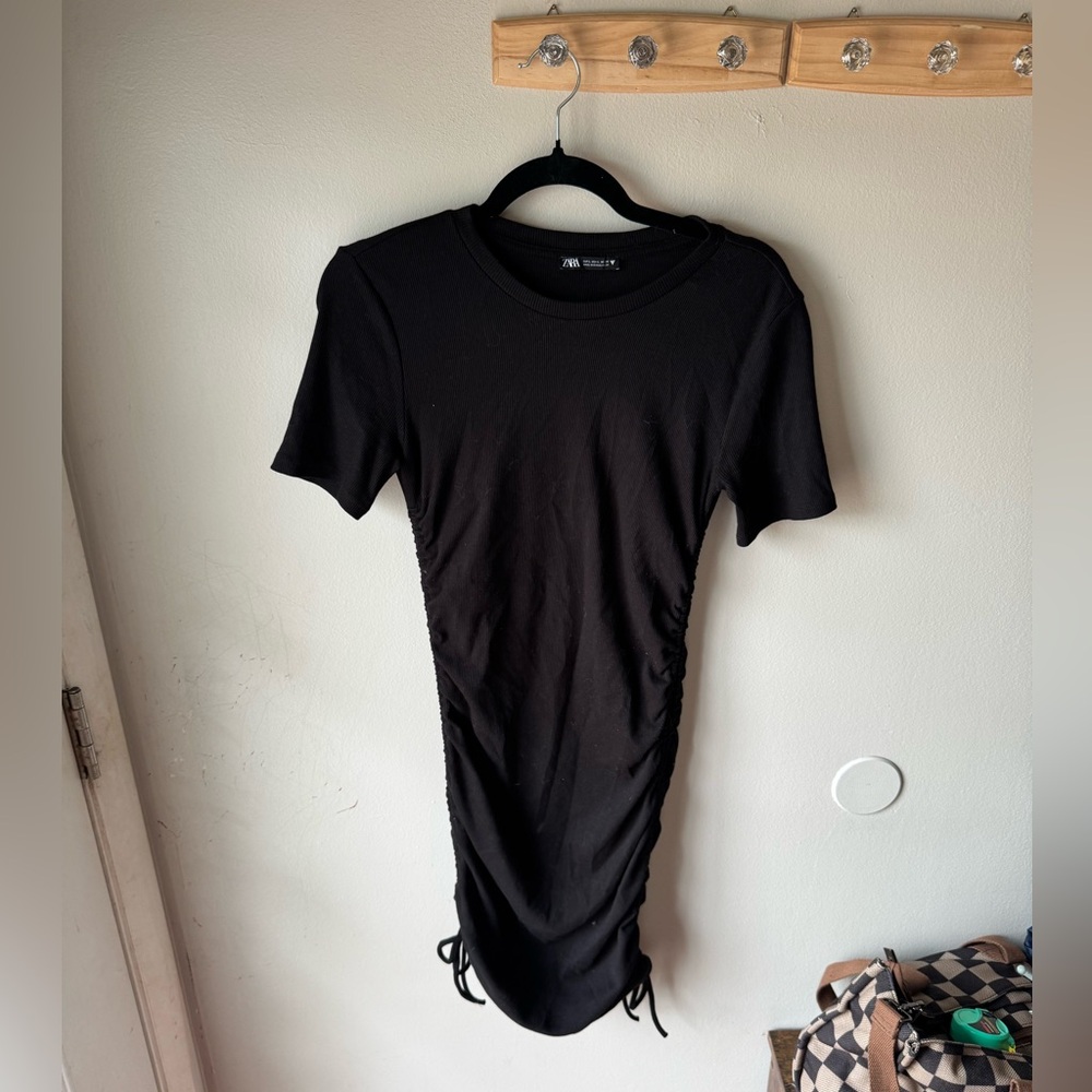 Zara Black Ribbed Ruched Side Tie Bodycon Mini Dress
